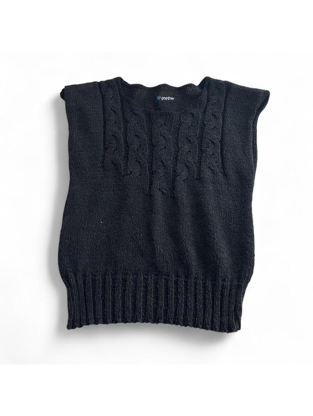 Panther Vintage Cable Knit Black Knit Vest Sleeve Top